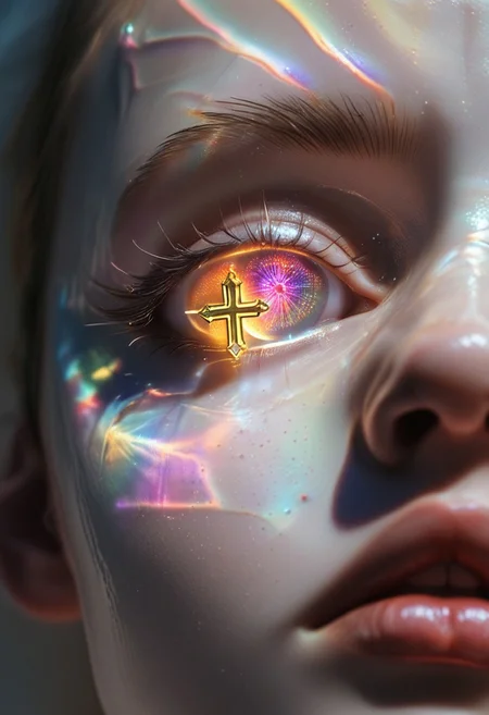 score_9, score_8_up, score_7_up, BREAK, A hyper-realistic close-up portrait of a woman adorned with an avant-garde futuristic eyewear piece that consists of an extended single glass lens shaped like a sweeping wing, edged with delicate gold filigree and adorned with tiny embedded neon pink LED dots. The eyewear curves gracefully around her cheekbones, giving her a striking, otherworldly appearance. In her hand, she holds a beautifully crafted holy cross, combining dark bronze and brass metals with delicate, ornamental engravings. Captured from a slightly elevated angle, her intense gaze is accentuated by the sculptural design and the glowing reflection of the cross.