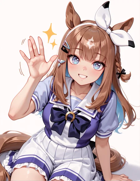 1girl, solo, almond eye \(umamusume\), horse girl, horse tail, umamusume, x-shaped pupils, hairclip, hair ornament, diamond hair ornament, hair bow,
tracen school uniform, short sleeves, summer uniform,
smile, sparkle,
waving, sitting,
white background,
cowboy shot, looking at viewer, straight-on, <lora:almondeyeill10ill01v3:1>,
masterpiece, best quality, amazing quality, very aesthetic, absurdres, highres, newest, <lora:xl_saturation_slider:0.1>, <lora:illustriousXLv01_stabilizer_v1.164:0.4>, <lora:reduce_wrinkles_illstriouosv0.1_ADDifT_2_in_1_v1.2:0.9>,