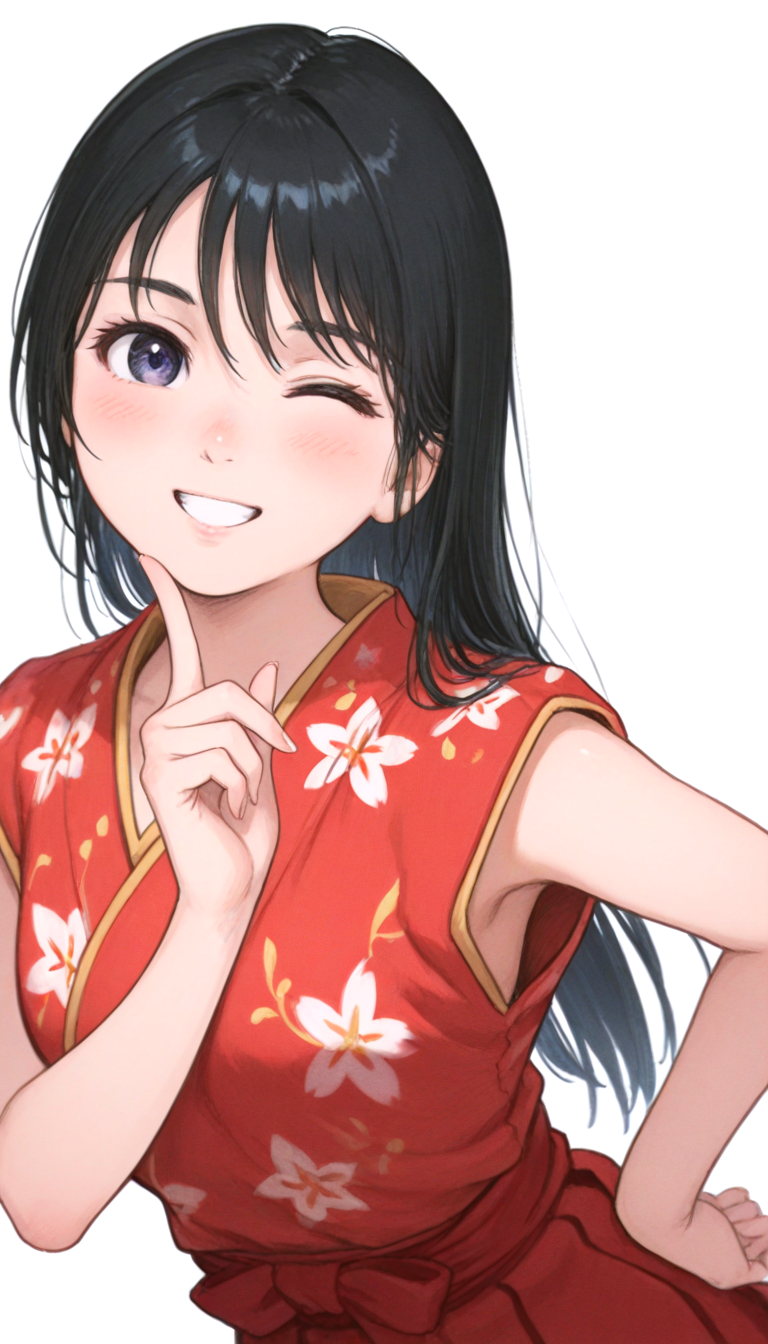IllusP0s, masterpiece, best quality, amazing quality, very aesthetic, absurdres, newest, ((dynamic angle:1.4)), (detailed eyes:1.4),((ultra detailed hair:1.4))
BREAK
1girl,s4y4k4, <lora:Sayaka_-_KamuiGaiden:1>, ((black hair)), Straight Hair, red s4yaka_kimono, Sleeveless
BREAK
((blank background)) ((upper body)),straight-on
Lean forward, put your hands on your hips, point your index finger, wink, smile,
