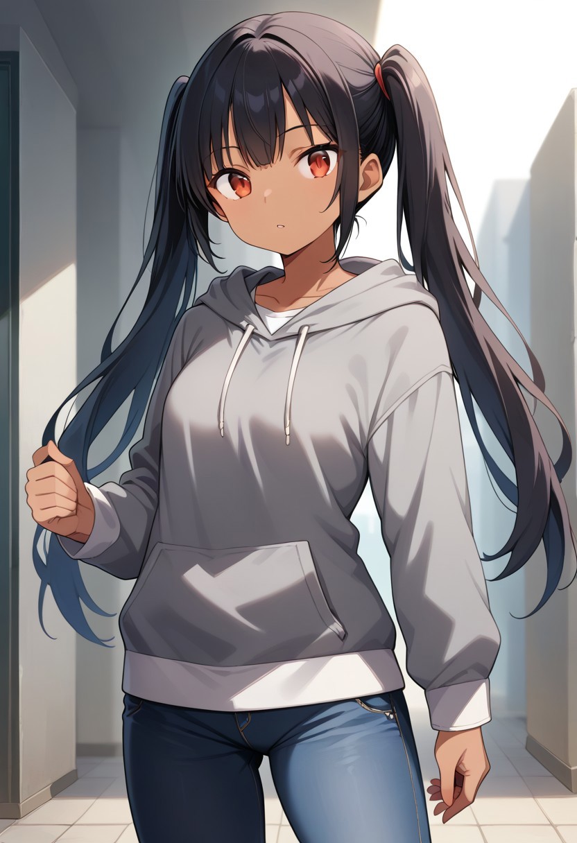 score_9, haphut, dark skin, red eyes, black hair, twintails, grey hoodie, jeans, source_anime, ntm,