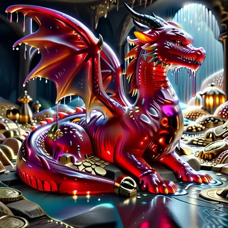 1dragon, highly detailed black dragon, black dragon made out of slime, scaly black slime dragon, slime dragon with red eyes, black slime dragon laying in its hoard, black slime dragon with wings, dragon wings, detailed claws, detailed feet, detailed tail,
multi-colored gems made out of slime, in a room of treasure made out of slime, tiny gold coins and bars made out of slime, piles of tiny coins, piles of tiny gold slime coins, piles of gold slime, tiny gold slime coins, only tiny coins, translucent slime coins,
treasure-room, treasure, gemstone, coins, gold bars, gold pile,
everything made of slime, No simple background,
((translucent slime)), ((transparent slime)), (bioluminescent slime), sl1m3, slime, ais-blmn, watce, je11y, thickwater, great lighting, ral-lava, even lighting, no bright spots, saturated colors,