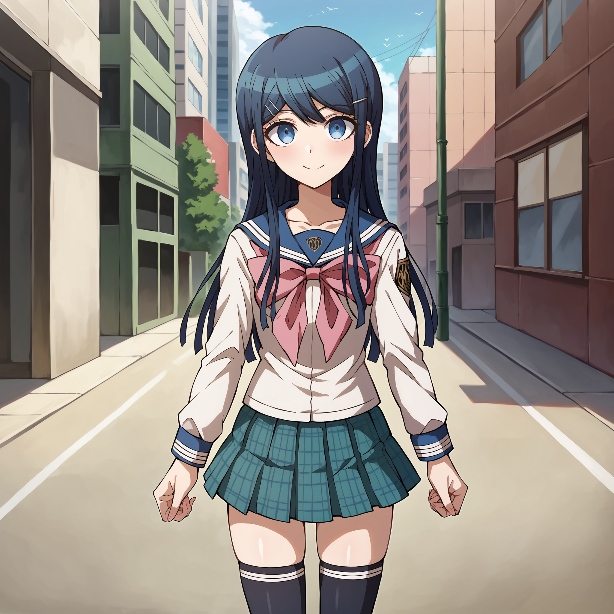 score_9, score_8_up, score_7_up, score_6_up, score_5_up, score_4_up, BREAK source_anime,POV,city,outdoor,smile,standing, <lora:Maizono_Sayaka_V1:1>Maizono Sayaka, Danganronpa, blue hair, long hair, bangs, blue eyes, hair ornament, blue hair, hairclips, long sleeves, bow, school uniform, collarbone, serafuku, bowtie, sailor collar, pink bow, large bowtie, miniskirt, navy skirt, plaid skirt, black socks