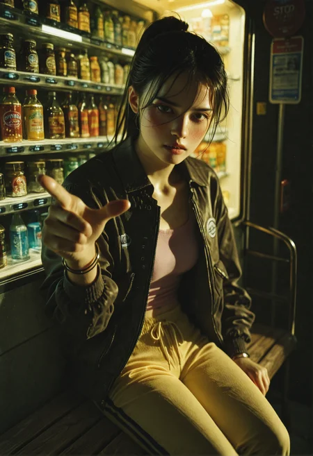 mwv7_alpha_v01,
1girl, solo, (freckles:0.8), high_ponytail, pink tank_top, bracelet, bus_stop, vending_machine, night, vegetation, yellow sweatpants, bomber_jacket, sitting_on_bench, sidelighting, hair_over_one_eye, looking_at_viewer, pointing_at_viewer, pouty_lips, disgust, analog_film, cinematic light, masterpiece, best quality, good quality