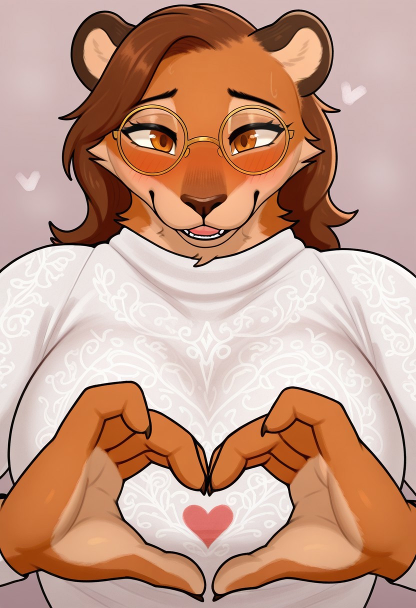 1girl, solo, medium build, medium brown hair, sfw, safe for work, covered skin, flowy dress, amber brown eyes, light red lipgloss, smiling, blush, regular thin frame glasses, portrait, redish brown fur, upper body, heart hands, foreshortening, detailed, newest,sijimmy456, furry female, furry, anthro