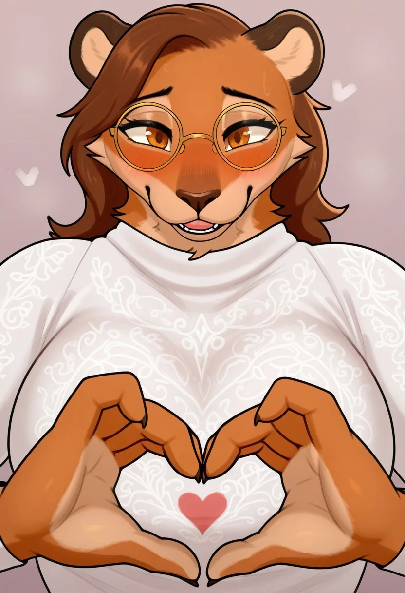 1girl, solo, medium build, medium brown hair, sfw, safe for work, covered skin, flowy dress, amber brown eyes, light red lipgloss, smiling, blush, regular thin frame glasses, portrait, redish brown fur, upper body, heart hands, foreshortening, detailed, newest,sijimmy456, furry female, furry, anthro