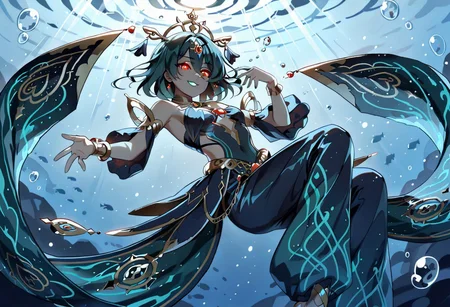 lazypos, character focused, anime girl, underwater setting, golden accessories, dark teal hair, glowing eyes, elegant smile, ancient jewelry, flowing outfit, blue pants, bubble details, light rays, dynamic pose, fantasy theme, goddess vibes, shimmering fabric, confident expression, magical lighting, aquatic atmosphere, swirling currents, heroic tone, WaiStyle