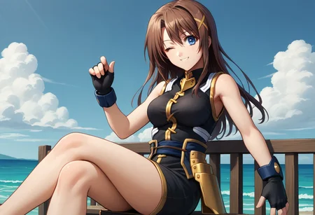 score_9, score_8_up, score_7_up, source_anime, good anatomy, 1girl, solo, HayateYagami, brown hair, long hair, x hair ornament, blue eyes, black dress with gold trim, short dress, fingerless gloves, bare shoulders, bare legs, corset, sitting, crossed legs, smiling, winking, on fence, ocean, blue sky, clouds