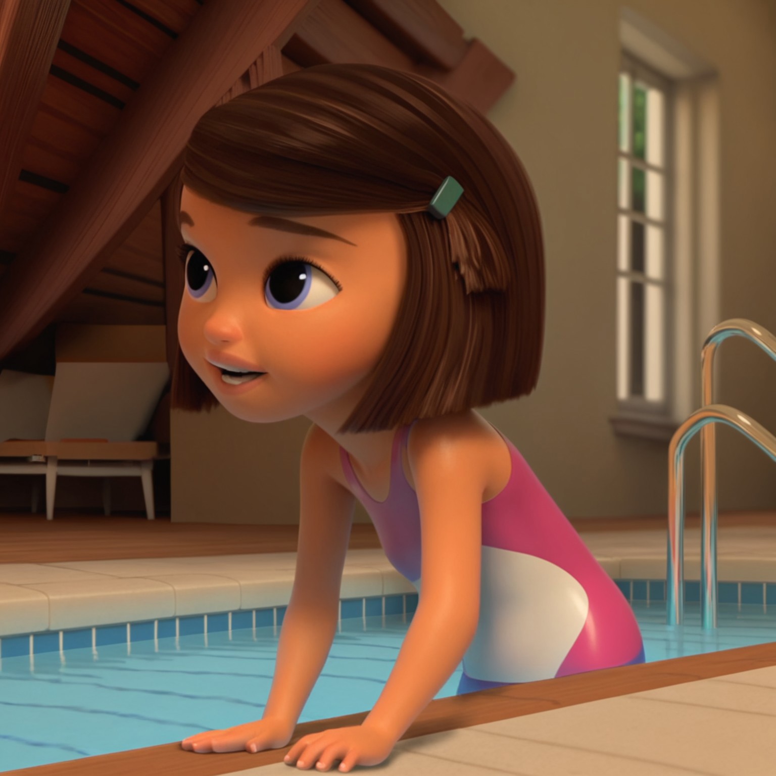 safe_pos, score_9, score_8_up, score_7_up, score_6_up, score_5_up, score_4_up, BREAK, dynamic_angle, tabitha templeton, 1girl, solo, fair skin, short brown hair, blue eyes, 
swimsuit,
backyard, in pool, sitting on the edge of the pool, legs hanging in the water,