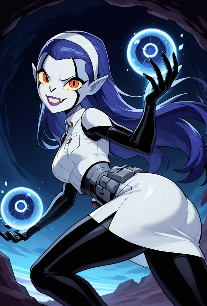 <lora:rookshar-10:1> rookshar, blue hair, colored skin, yellow sclera, long hair, 1girl, purple lips, white hairband, pointy ears, white suit, black sleeves, black pants, white skirt, short skirt, utility belt, smile,  sharp canines, teeth, dynamic pose, alien planet, holding glowing ball, glowing slime ball,, masterpiece, best quality, amazing quality, very aesthetic, absurdres, newest,