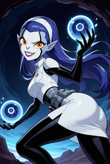 <lora:rookshar-10:1> rookshar, blue hair, colored skin, yellow sclera, long hair, 1girl, purple lips, white hairband, pointy ears, white suit, black sleeves, black pants, white skirt, short skirt, utility belt, smile,  sharp canines, teeth, dynamic pose, alien planet, holding glowing ball, glowing slime ball,, masterpiece, best quality, amazing quality, very aesthetic, absurdres, newest,