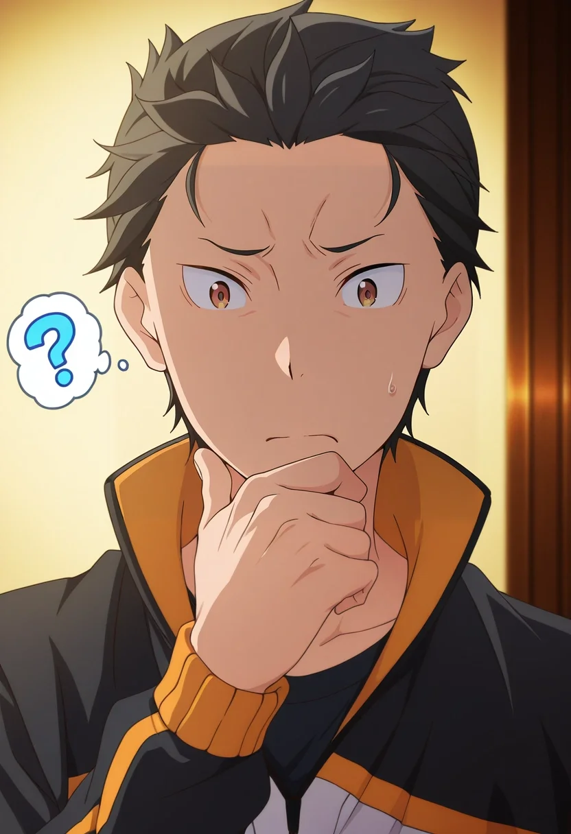 masterpiece, best quality, intricate details, anime screencap, anime coloring, official style, , 1boy, solo, male focus, <lora:subaru_natsuki_ilxl:0.9>, subaru_natsuki, black hair, brown eyes, short hair, natsuki subaru, hair slicked back, , confused thought, hand raised to head, furrowed brow, thinking pose, neutral lighting,