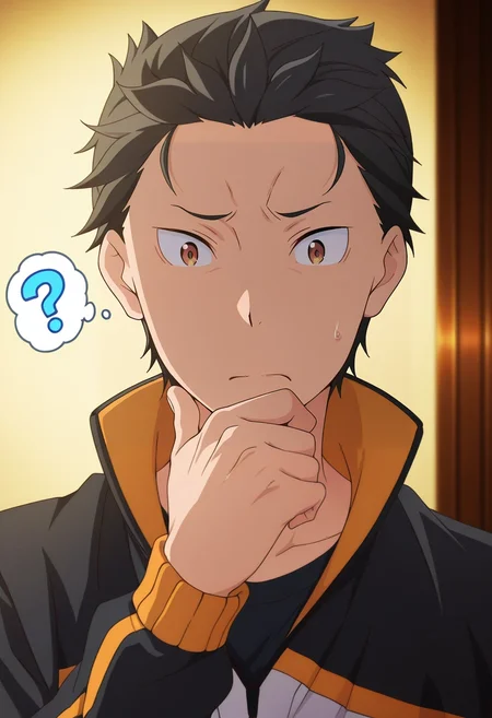 masterpiece, best quality, intricate details, anime screencap, anime coloring, official style, , 1boy, solo, male focus, <lora:subaru_natsuki_ilxl:0.9>, subaru_natsuki, black hair, brown eyes, short hair, natsuki subaru, hair slicked back, , confused thought, hand raised to head, furrowed brow, thinking pose, neutral lighting,