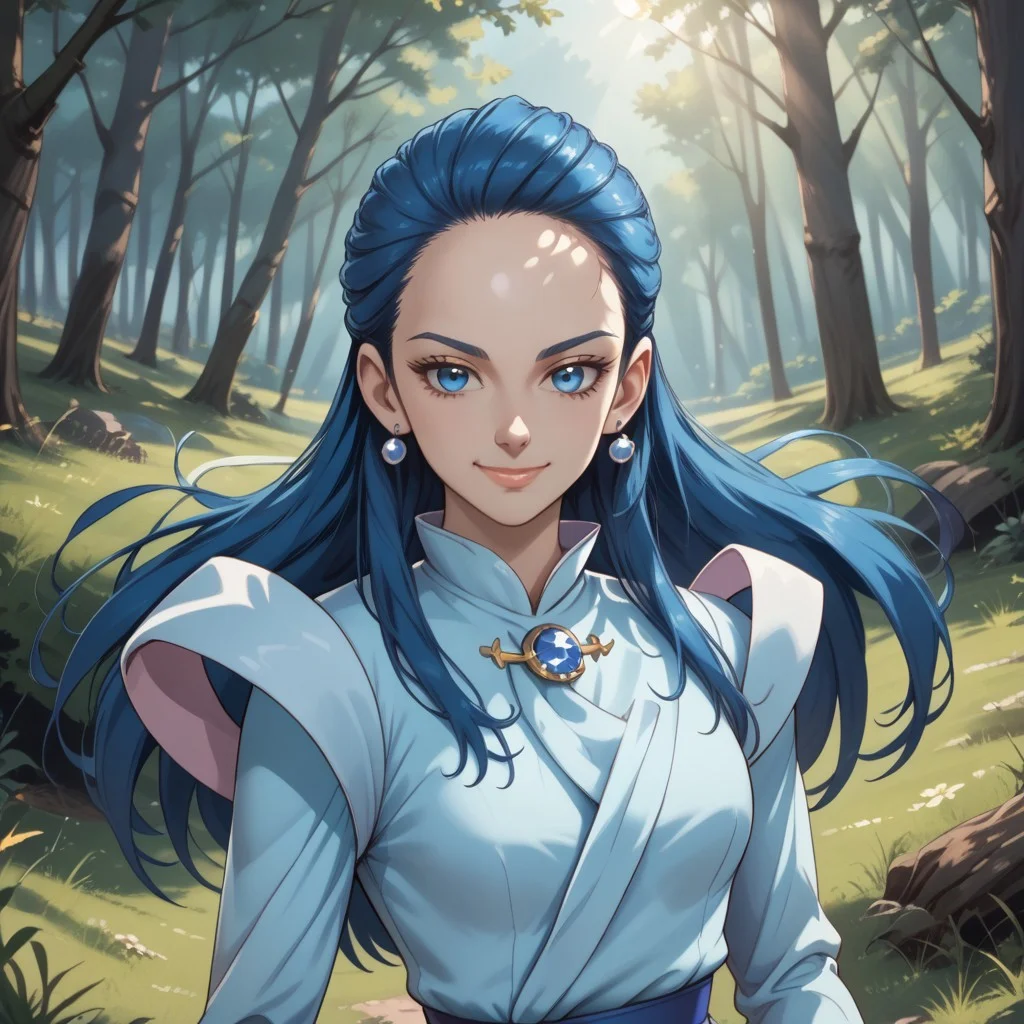 score_9, score_8, BREAK, solo, 1girl, solo, kiryuu kaoru, blue hair, long hair, forehead, blue eyes, eyelashes, blue earings, jewelry, light blue dress, long sleeves, juliet sleeves, brooch, blue belt, blue pantyhose, white boots, white footwear, sexy pose, self portrait, smile, outdoors, sunlight, shadows, evening lighting, natural lighting, forest, trees, grass, orange sky, sunset