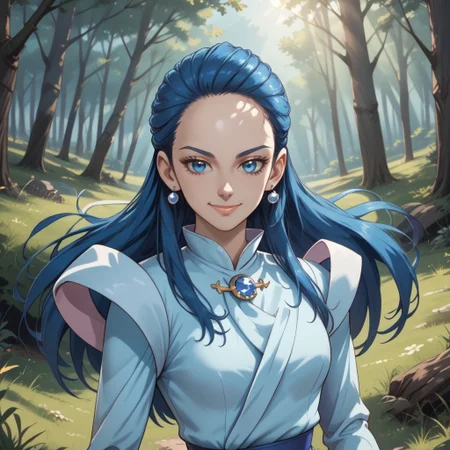 score_9, score_8, BREAK, solo, 1girl, solo, kiryuu kaoru, blue hair, long hair, forehead, blue eyes, eyelashes, blue earings, jewelry, light blue dress, long sleeves, juliet sleeves, brooch, blue belt, blue pantyhose, white boots, white footwear, sexy pose, self portrait, smile, outdoors, sunlight, shadows, evening lighting, natural lighting, forest, trees, grass, orange sky, sunset