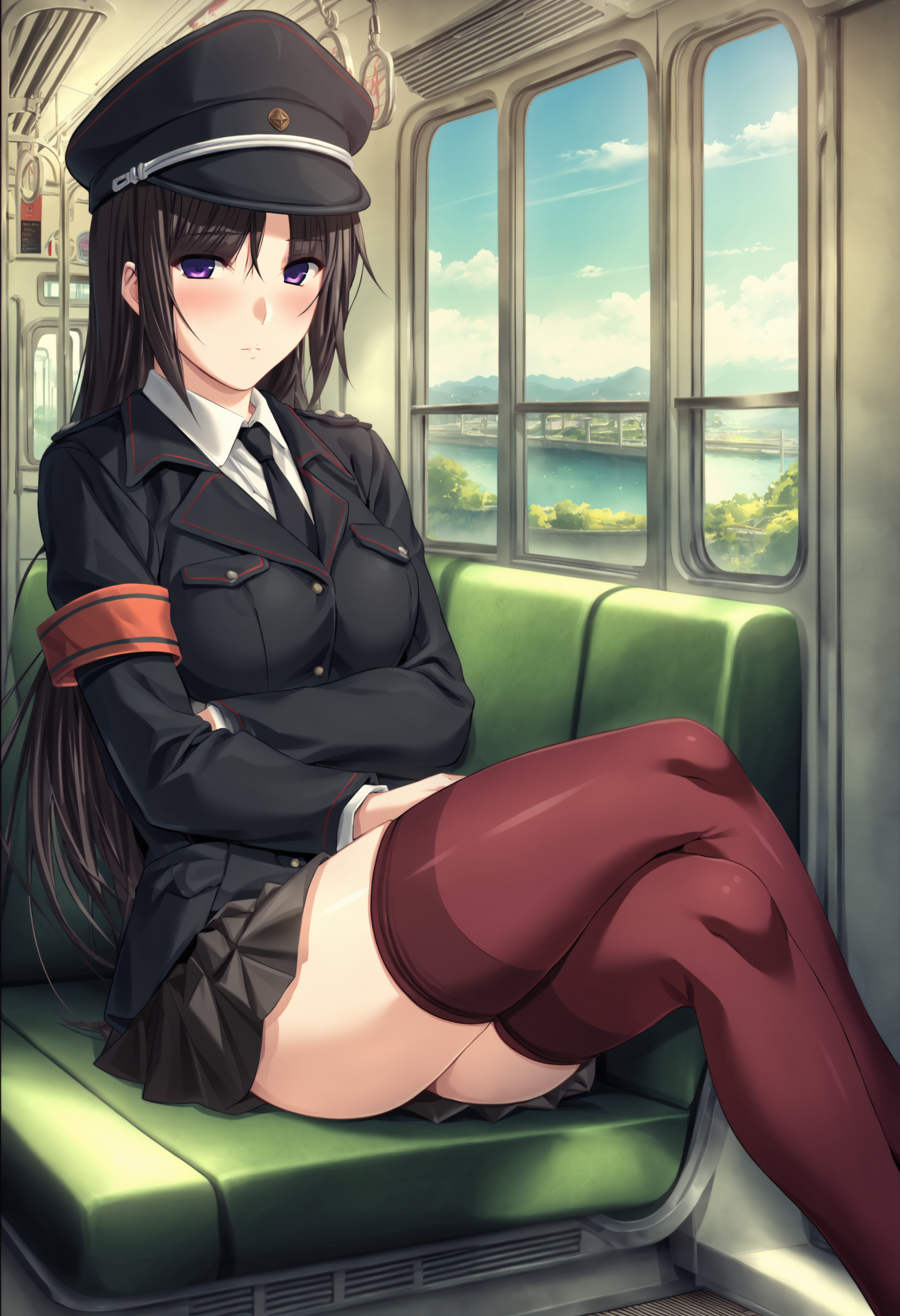 score_9, score_8_up, score_7_up, score_6_up, score_5_up, score_4_up, game cg
BREAK
rin_olis, 1girl, solo, black hair, long hair, purple eyes, peaked cap, black suit, armband, pleated skirt, red thighhighs, looking at viewer, blush, crossed legs
BREAK
train interior, window, scenery, day, blue sky
<lora:rin_SaishuuChikanDensha_sdxl_v1:1>