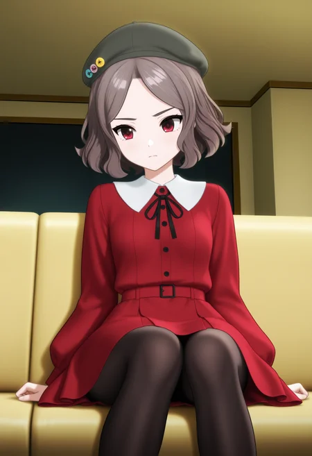 <lora:TOMO_v2_illustrious-000040:1>,(best quality:1.1),ultra-detailed,high resolution,super detailed skin,beautiful detailed eyes,8k,sharp focus,beautiful,beautiful eyes,anatomically correct,extremely detailed eyes,smooth edges,beautiful face,symmetrical eyes,
GBC_TOMO,1girl,black pantyhose,sitting,short hair,red dress,brown hair,beret,couch,neck ribbon,indoors,long sleeves,red eyes,closed mouth,wavy hair,collared shirt