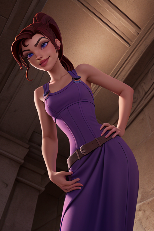 megherc, 1girl, lips, (long dark auburn hair:1.3), ponytail, purple eyes, eyeshadow, long greek purple dress, bare shoulders, detailed skin, detailed eyes, finely detailed hair, (standing, from below, presenting:1.7), gorgeous, detailed intricate face, photorealistic, intricate detail, athletic, (abs:0.2), (small demure smile), greek temple, (highly detailed background:1.1), sharp focus, volumetric lighting, subsurface scattering, (OverallDetail:1.2), EyeDetail, HairDetail, <lora:megara_v1-04:0.44> <lora:detail_slider_v4:0.8>