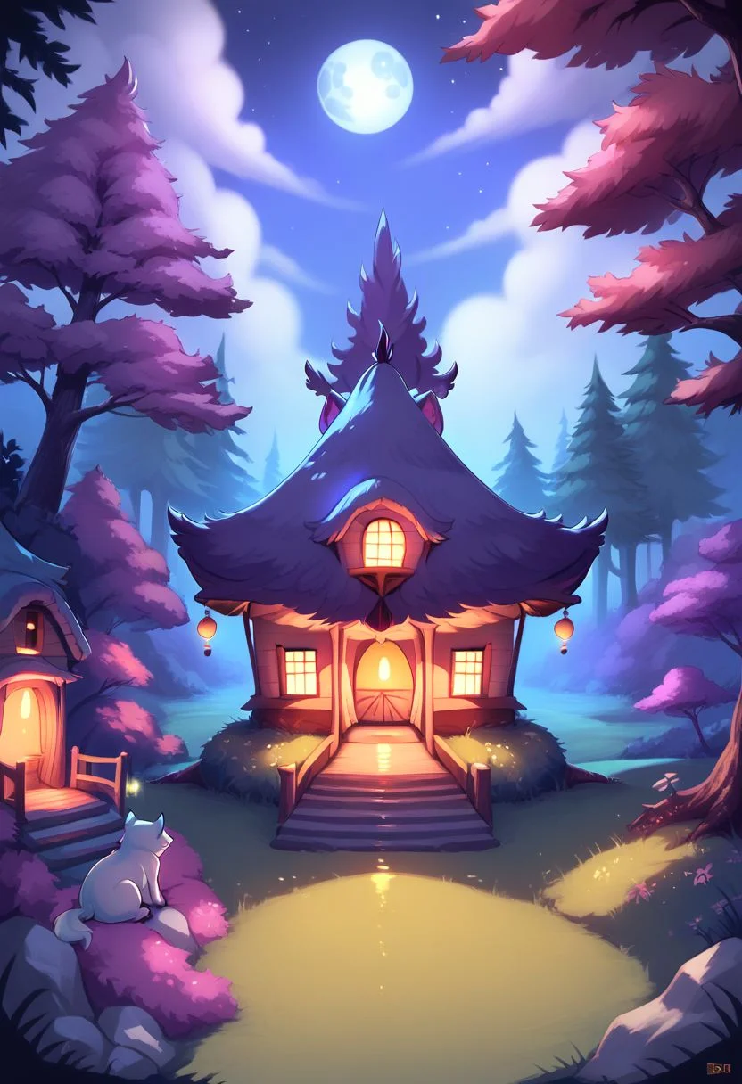 score_10 , score_9_up, score_8_up, score_7_up , score_6_up, vibrant colors, shiny_skin , prefect lighting, BREAK, Landscapes , scenery forest , night , moon , shining river , small wooden hut ,(detailed image, high resolution, 5k resolution, denoise:1.0) , snoozing ,anime, anime style,