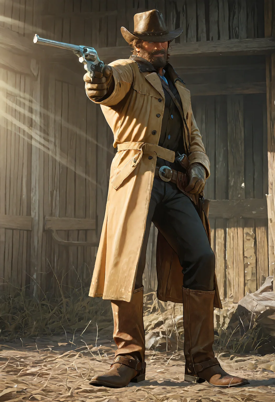 1boy, rdr2arthurm0rgan, mature male, messy medium brown hair, blue eyes, scruffy beard, cowboy hat, full body, aiming revolver, trench coat, cowboy hat, leather gloves, gunfight pose, western town, sunlight,
masterpiece, best quality, absurdres, newest, perfect quality, detailed background, intricate details, great lighting
