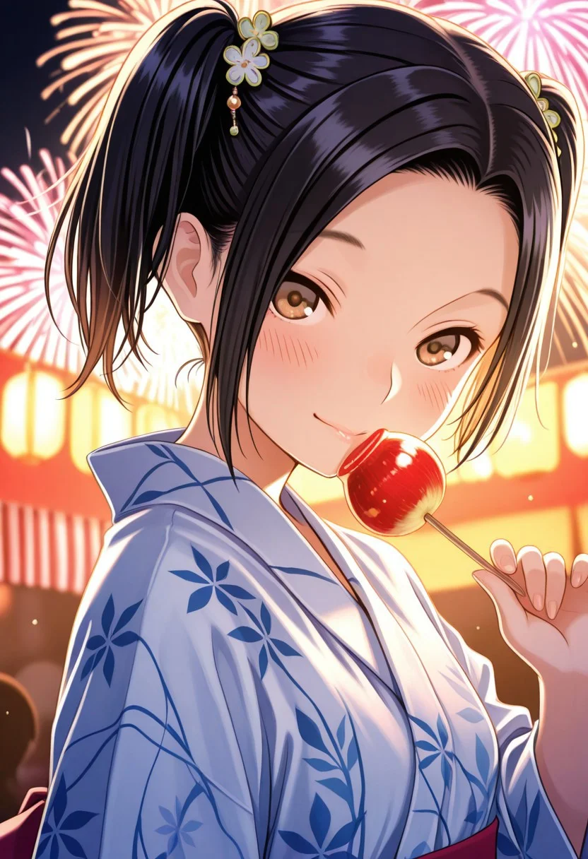 1girl, k_rinko, black hair, short twintails,parted bangs,forehead, happy, blush, Japanese clothes, yukata, hair ornament, apple candy, close-up, festival, fireworks, looking at viewer, simple background, sexy pose, outsides,masterpiece, best quality, ultra-detailed, best illustration, soft lighting, bloom, light particles, glow, shiny hair, detailed background, dynamic lighting, volumetric lighting, dynamic pose, dynamic angle,