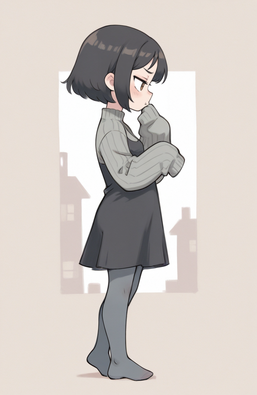 1girl, solo, <lora:qtkat:0.9> qtkat, traditional media, watercolor \(medium\), 
<lora:ffgarnet-illu-nvwls-v1_1:0.5> ffixgarnet, black hair, brown eyes, short hair, grey knit sweater, sleeves past fingers, long sleeves, black dress, ribbed dress, grey pantyhose, no shoes, standing, profile view, alluring silhouette, gentle pout, provocative gaze, extremely detailed, highres, masterpiece, best quality