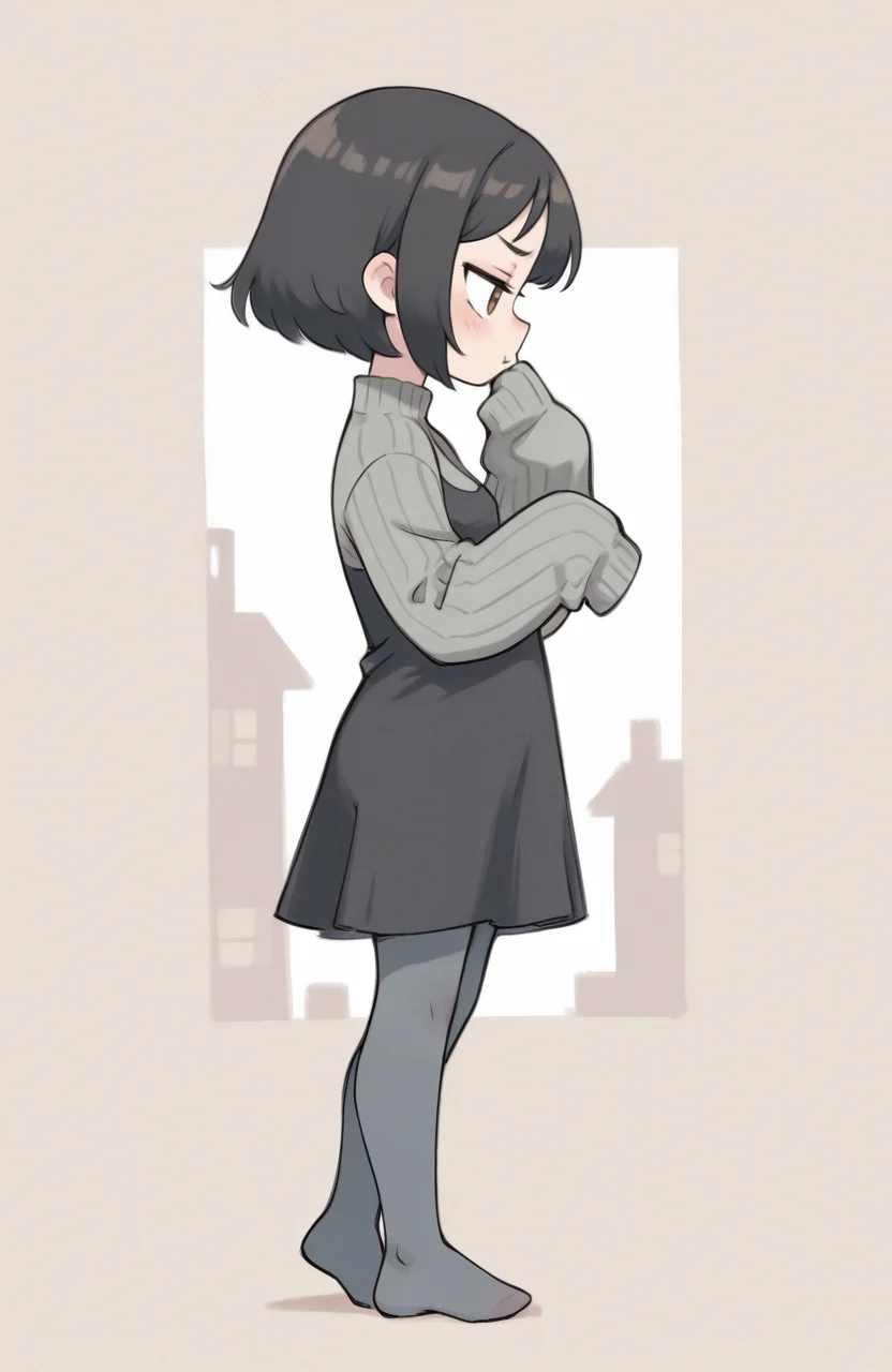 1girl, solo, <lora:qtkat:0.9> qtkat, traditional media, watercolor \(medium\),
<lora:ffgarnet-illu-nvwls-v1_1:0.5> ffixgarnet, black hair, brown eyes, short hair, grey knit sweater, sleeves past fingers, long sleeves, black dress, ribbed dress, grey pantyhose, no shoes, standing, profile view, alluring silhouette, gentle pout, provocative gaze, extremely detailed, highres, masterpiece, best quality