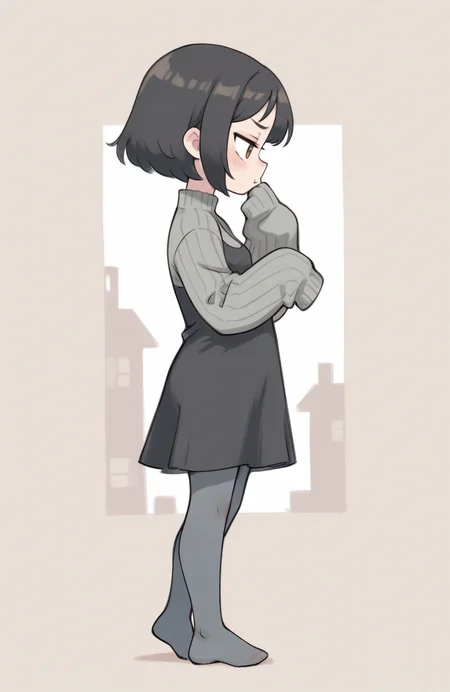 1girl, solo, <lora:qtkat:0.9> qtkat, traditional media, watercolor \(medium\),
<lora:ffgarnet-illu-nvwls-v1_1:0.5> ffixgarnet, black hair, brown eyes, short hair, grey knit sweater, sleeves past fingers, long sleeves, black dress, ribbed dress, grey pantyhose, no shoes, standing, profile view, alluring silhouette, gentle pout, provocative gaze, extremely detailed, highres, masterpiece, best quality