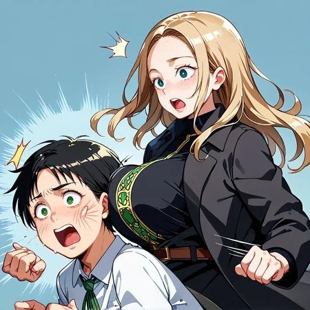 score_9, score_8_up, score_7_up, score_6_up, source_anime, rating_safe, <lora:_sdxl-chichibinta-pony:0.5> (((chichibinta, body turn and tits swinging, slap someone with swinging boobs, tits slap, couple, hetero, duo, from side, head on breasts, head between breasts, motion lines, open mouth, surprised, face to breasts, breast smother, bumping on breasts, run into someone breasts))),
BREAK (1girl, (curly hair), long hair, (black hair), mature female, (parted hair:1.7), (round face), (no_bangs:1.3), (no_fringe:1.6), looking at viewer, (thick eyebrows:0.9), (plump, curvy), round-chin, breasts, caucasian, down-turned eyes, (forehead:0.65), <lora:ETO_OCPonyXL:0.5> eto_oc, skindentation, naughty smile, thick thighs, wide hips, petite, busty, voluptuous, :o, surprised, looking at another, ((breasts on another head, slapping with her breasts))),
BREAK (<lora:albertwesker-guy-PONYv1:1> albertwesker, albert wesker, 1boy, blonde, black gloves, sunglasses, belt, pants, long coat, trench coat, black coat, black pants, toned, athletic, fit, slicked back hair, black turtleneck, zipper, mature male, looking at another, ((head on another breasts, being slapped by another breasts, head between another breasts, open mouth, surprised, breast smother, run into someone breasts))),