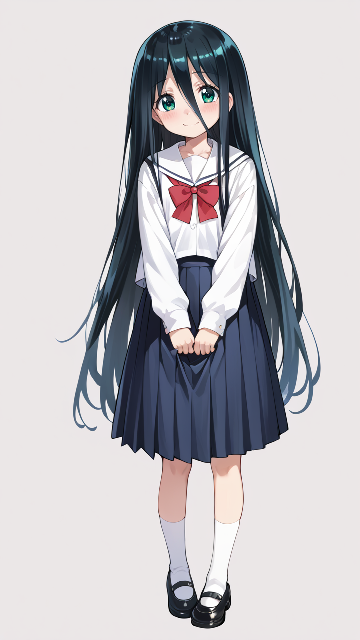 mushanokouji iwai,white_background,full_shot,looking_at_viewer,<lora:iwai_pony_v1:1.5>,blush,shy,socks,full body,mary janes,skirt,white socks,black footwear,petite,smile,school uniform,standing,very long hair,, score_9, score_8_up, score_7_up, score_6_up, score_5_up, score_4_up, source_anime,