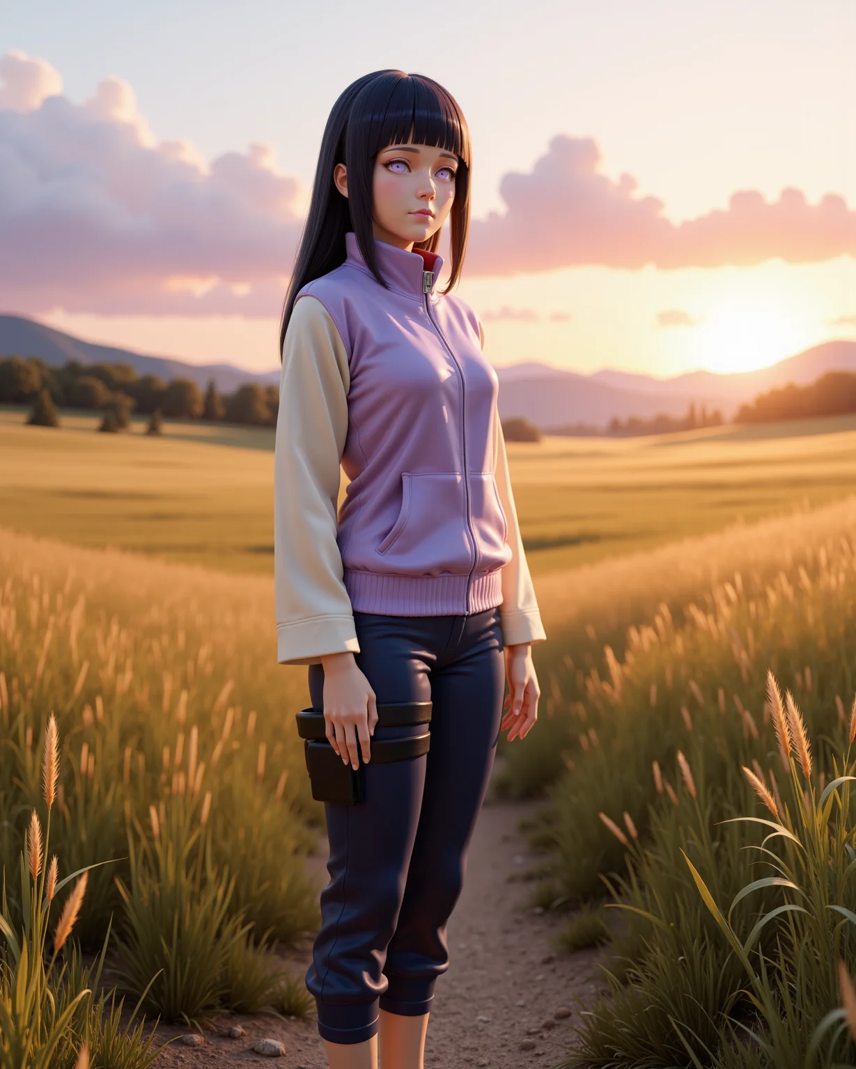 -looking at viewer, outdoors daylight, a 20 year old adult mature woman.
3d CGI Style, side view photo of.
<lora:Naruto_-_Hinata_v2-000030:1> n-hinata, purple eyes, blunt bangs, black hair lavender and cream zip-up jacket, navy blue pants, black open-toed shinobi sandals, Konoha forehead protector
A woman stands in the middle of a serene meadow, watching the mist rise from the ground as the sun begins to peek over the distant hills.
