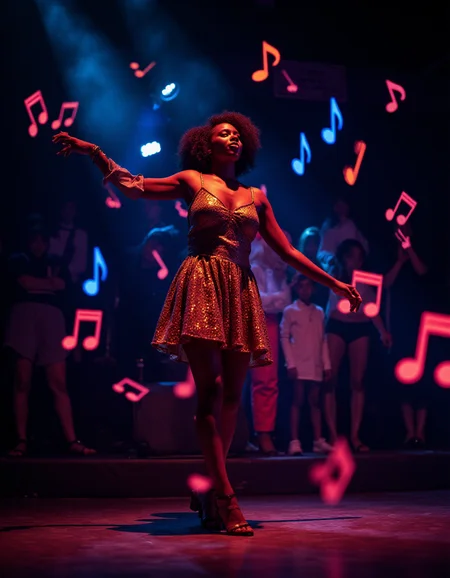 A photograph of a lively 26-year-old Afro-Caribbean woman dancing in Jamaica at night, but she's surrounded by an aura of swirling, neon-colored musical notes., <lora:amateurphoto-v5-14-15-1-1:0.4> <lora:Another_Amateur_Lora:0.4> <lora:Phlux:0.4> <lora:UltraRealistic_Lora_Project:0.4>