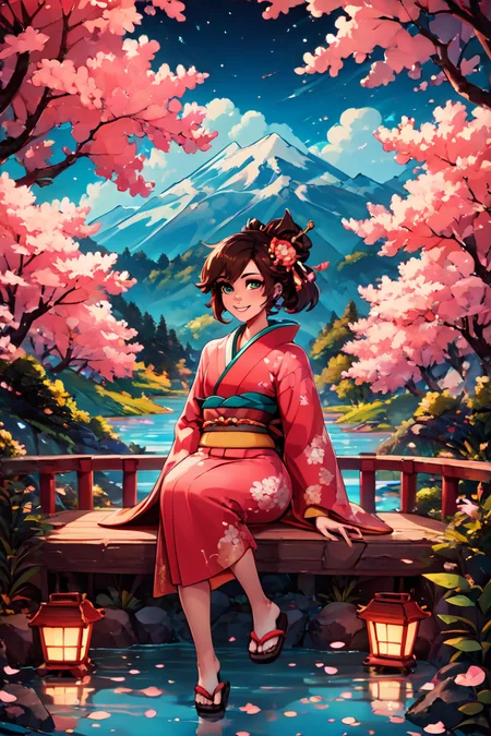 score_9, score_8_up, score_8,   pnkBldng, sky, tree, no humans, lantern, mountain, bridge, river, BREAK, smile, looking at viewer, 1girl, solo, brown hair, sitting, japanese clothes, kimono, sandals,  BREAK,  blooming stars, luminescent petals, otherworldly fragrance blurry background, (glowwave:1.1), BREAK,  embedding:zPDXL, Expressiveh,   <lora:PinkBuildingsPDXL_v2:0.6>,  <lora:CatalystStylePDXL:0.6>,  <lora:SDXLFaeTastic2400:0.5>,  <lora:Expressive_H-000001:0.4>,