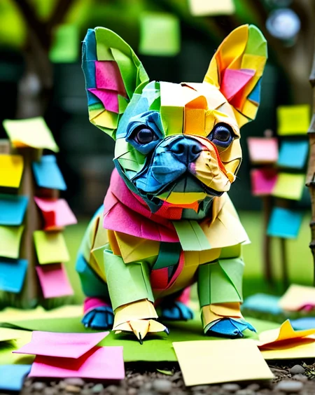 a colorful french bulldog puppy made out of Jed-StickyN, dynamic pose, dynamic angle, intricate details, ultra wide shot, zoomed out, shallow depth of field,
<lora:StickyNotesStyle:1>, <lora:add-detail-xl:0.5>, <lora:sd_xl_dpo_lora_v1:1>, set in a green dog park made of paper, <lora:TQ_-_Fairy_Tale_Origami_Paintings:0.7>