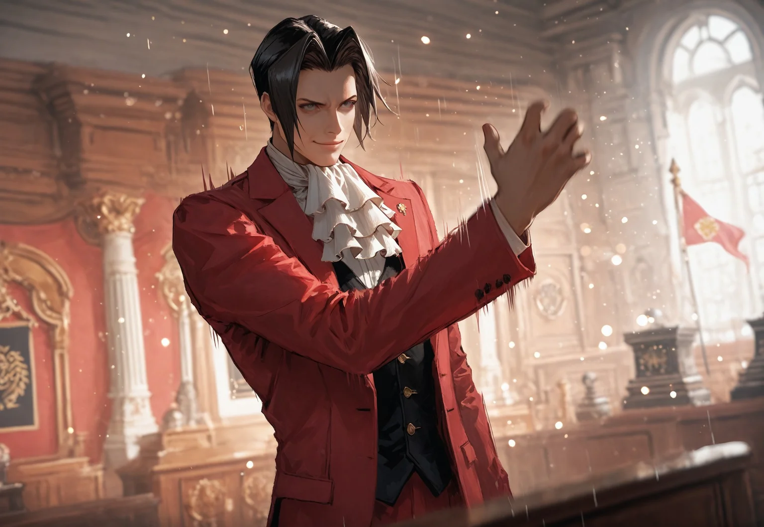 c0rtr00m,indoors, formal, courtroom, flag,1boy,male focus,sMiles Edgeworth,dark hair,dark eyes,grey eyes,ascot,red jacket,red pants,perfect eyes,standing,half body,long arm,,smug,hand on counter,one hand down,pride,majestic,detailed eyes,one hand down,expressive,cinematic,indoors,far away, ,detailed eyes,perfect eyes,motion blur,motion lines,motion cinematic,dutch angle,bokeh,depth of view, young,handsome,stance,dynamic,