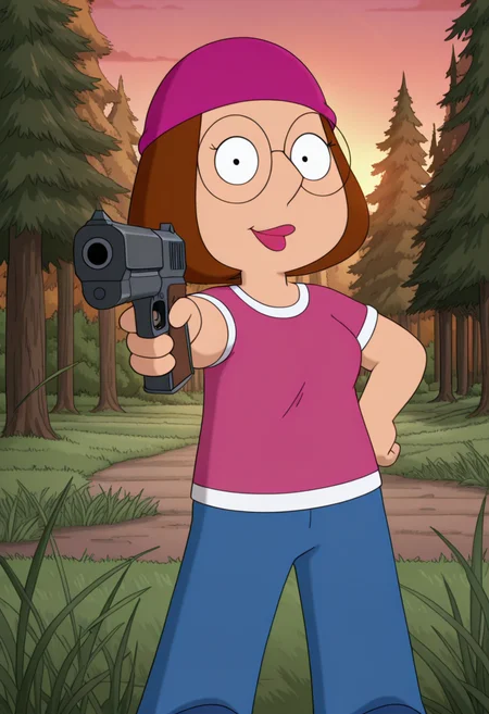 masterpiece, best quality, amazing quality, m3ggf, 1girl, brown hair, glasses, pink beanie, pink t-shirt, blue pants, holding gun, pointing at viewer, hand on hip, legs apart, surprised, smile, cowboy shot, outdoors, forest, trees, high grass, sunset, cinematic shot,