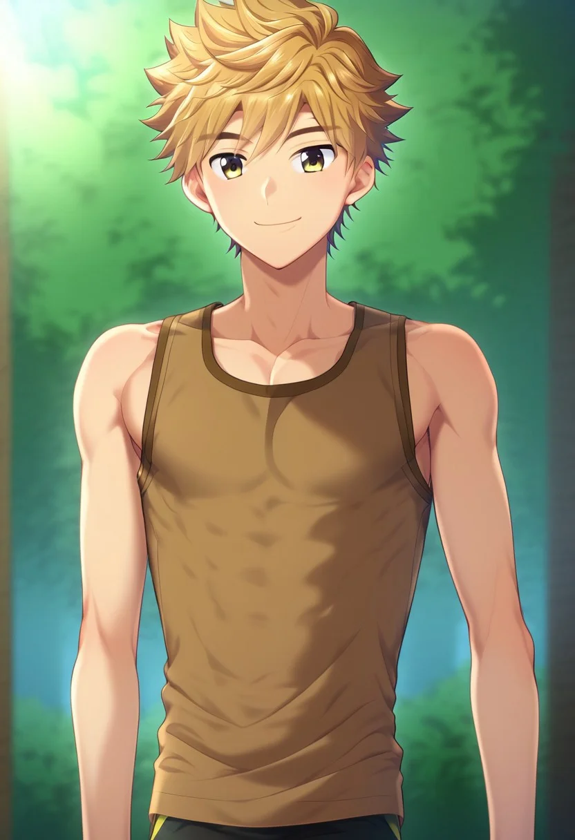 hikarishi_kenji, blond hair, short hair, bangs, 1boy, (solo:1.20), solo focus, character with (athletic body:1.1), (balanced:1.2), 1boy, solo, solo focus, brown tank top, wear black trunk, smile, proportional body, strong lower body