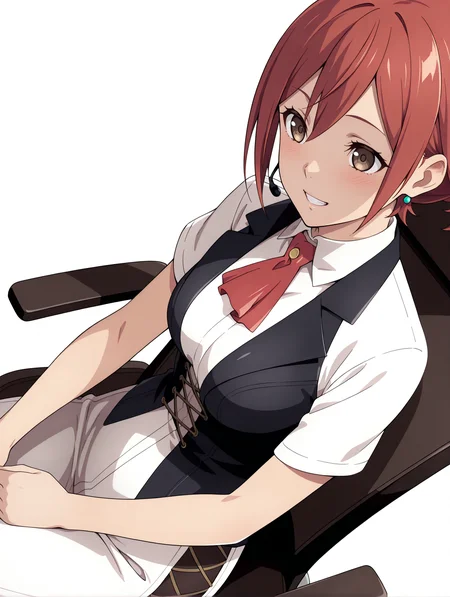 masterpiece,best quality,newest,
1girl,solo,
<lora:t_hibari_ilxl_v1.0:1>,h_hs,headset,h_clothes,red hair,brown eyes,t_h,red ascot,
<lora:Fixhands_anime_bdsqlsz_V1:1>,white_background,simple_background,dynamic_angle,cinematic_angle,light_blush,cowboy_shot,grin,looking ahead,(sitting_on_chair:1.1),