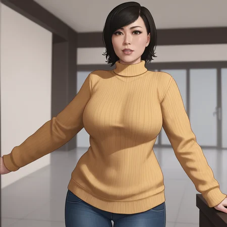 <lora:yuriwatanabespidermanps4_pony_v1:.8> YuriWatanabePS4, 1girl, large breasts, , black hair, short hair, lips, cowboy shot,sweater, jeans