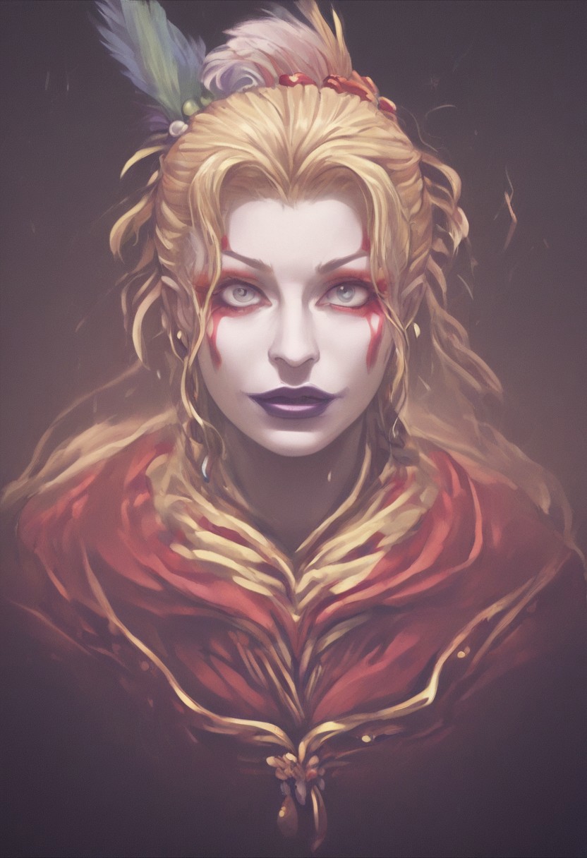 Life... dreams... hope... Where do they come from? And where do they go? Such meaningless things... I'll destroy them all!, SFW, rating_all, score_10, score_8_up, score_7_up, beautiful, realistic, detailed, perfect, quality, vector, flat colors, masterpiece, solo, kefka, clown, facepaint, blonde hair, lipstick, feathers, insane look, black silhouette, shadow of kefka