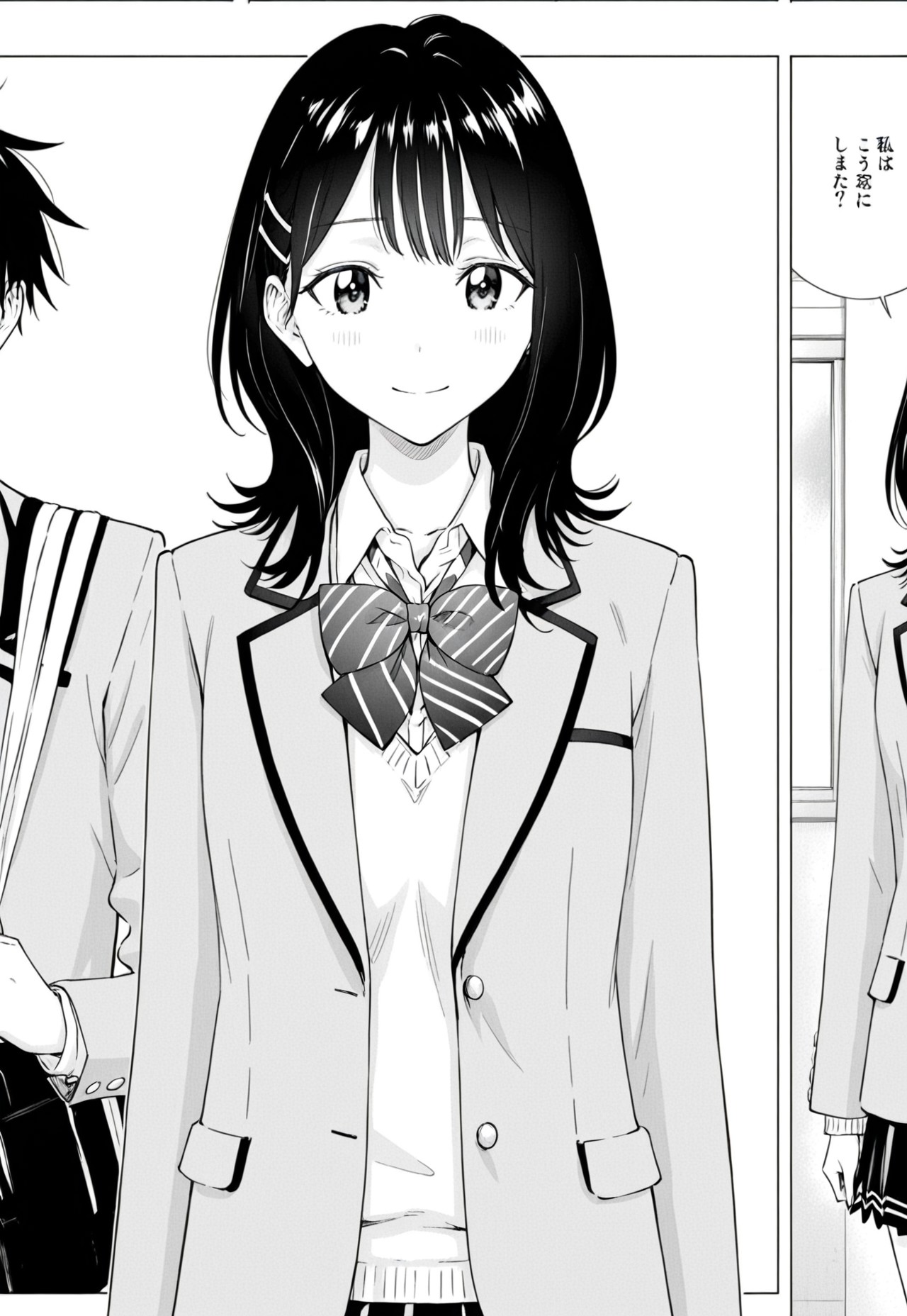 honoka kanai, medium-length dark hair, soft eyes, straight bangs, medium chest, slim waist, manga, monochrome, school uniform with blazer and sweater, ribbon bow at neck, skirt, visible hairclip, front-facing pose, gentle smile, 1girl
