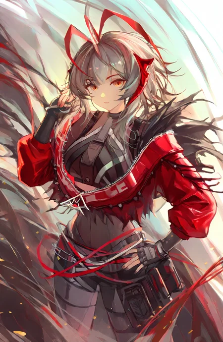 w_\(arknights\), 1girl, solo, breasts, looking_at_viewer, long_sleeves, jacket, yellow_eyes, grey_hair, cowboy_shot, horns, hand_up, official_alternate_costume, hand_on_own_hip, demon_horns, antenna_hair, red_jacket