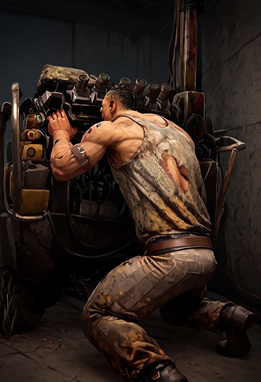 score_9, score_8_up, score_7_up, source_videogame, 1boy, solo, dbd_hillbilly, wounded tanktop, grey trousers, black boots, male focus, muscular, huge pecs, thick things, black eyes with white pupils, (generator, kneeling, from behind, working on a generator, horror theme, object, machinery, ...,)