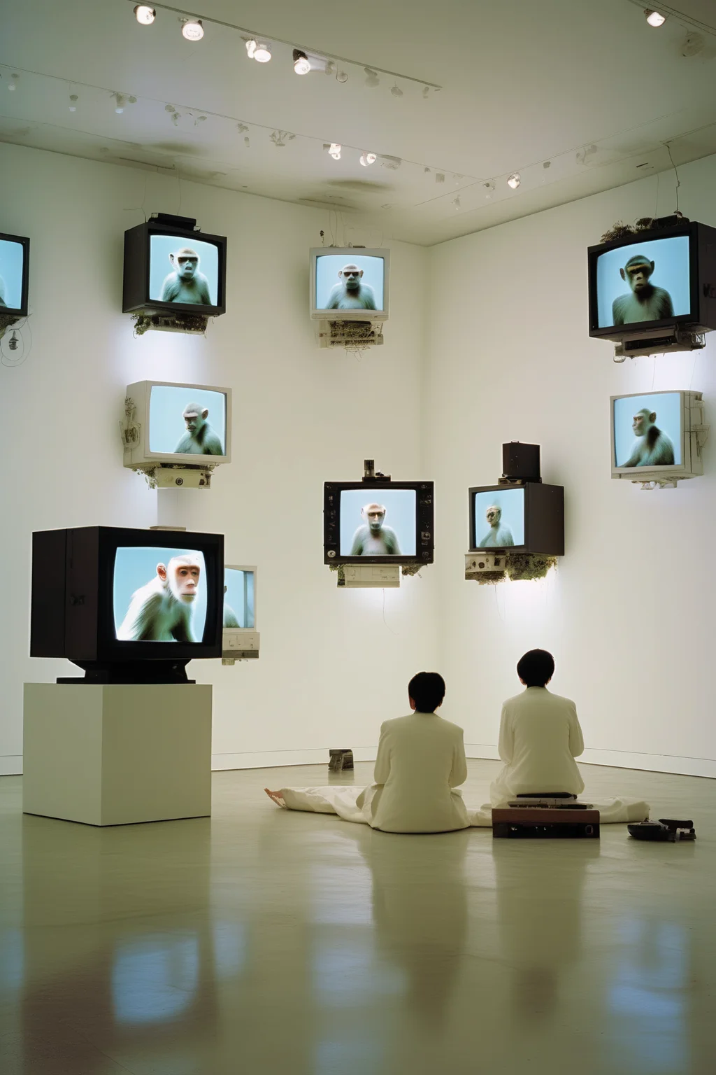 <lora:Video installation:1>Video installation - In a white house, the floor is scattered with patches of grass, and a group of monkeys is watching television one by one. Surveillance cameras are mounted on the white walls. The entire scene is inspired by Nam June Paik's "TV Buddha" style, showcasing a vivid and modern atmosphere. The visual style maintains a sense of realism, as if captured by a high-resolution camera, compelling viewers to uncover the story behind it. mirror screen