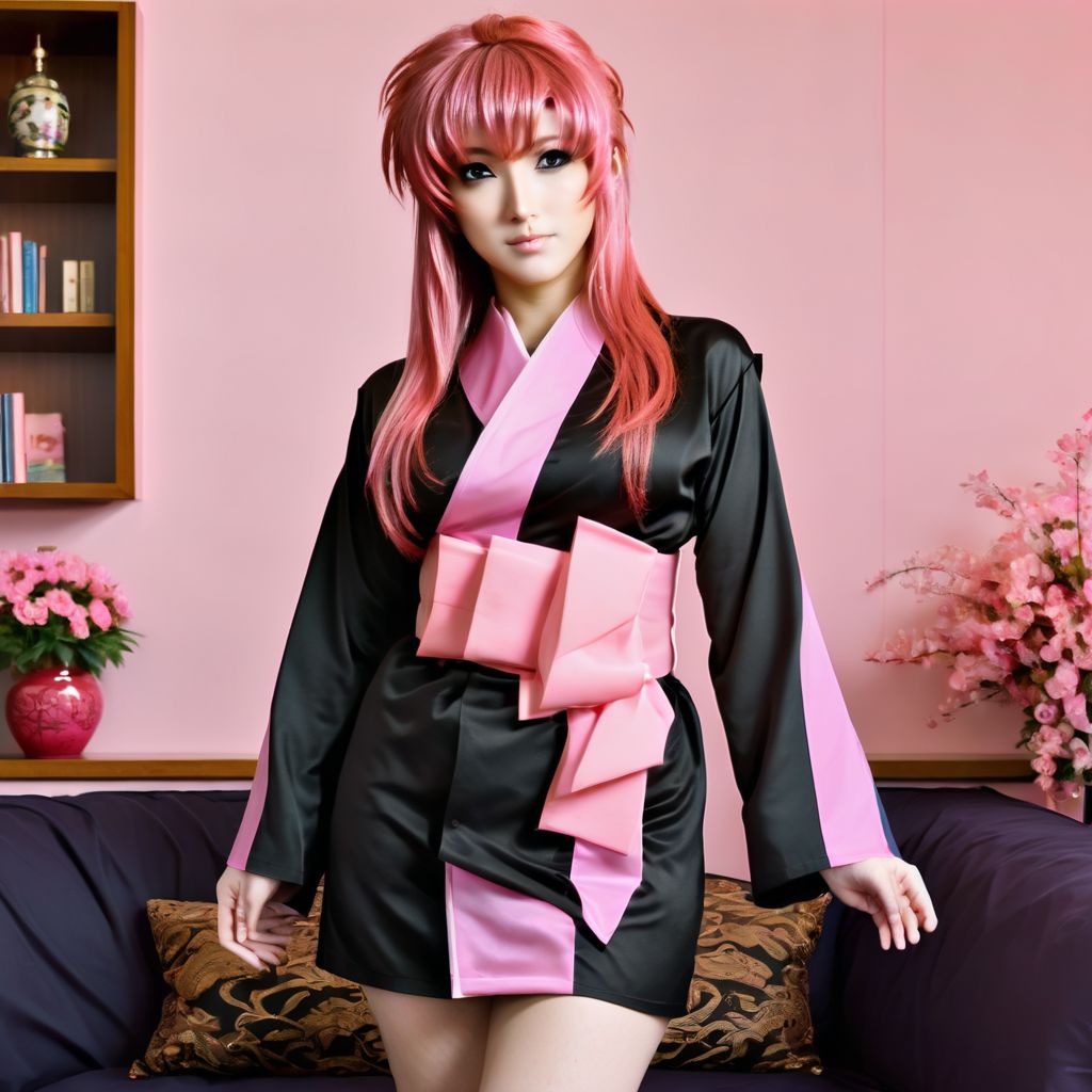 lacus clyne, cute, asian, satin silk kimono, black kimono, long sleeves, long hair, pink hair, hair ornament, luxury living room, full body image