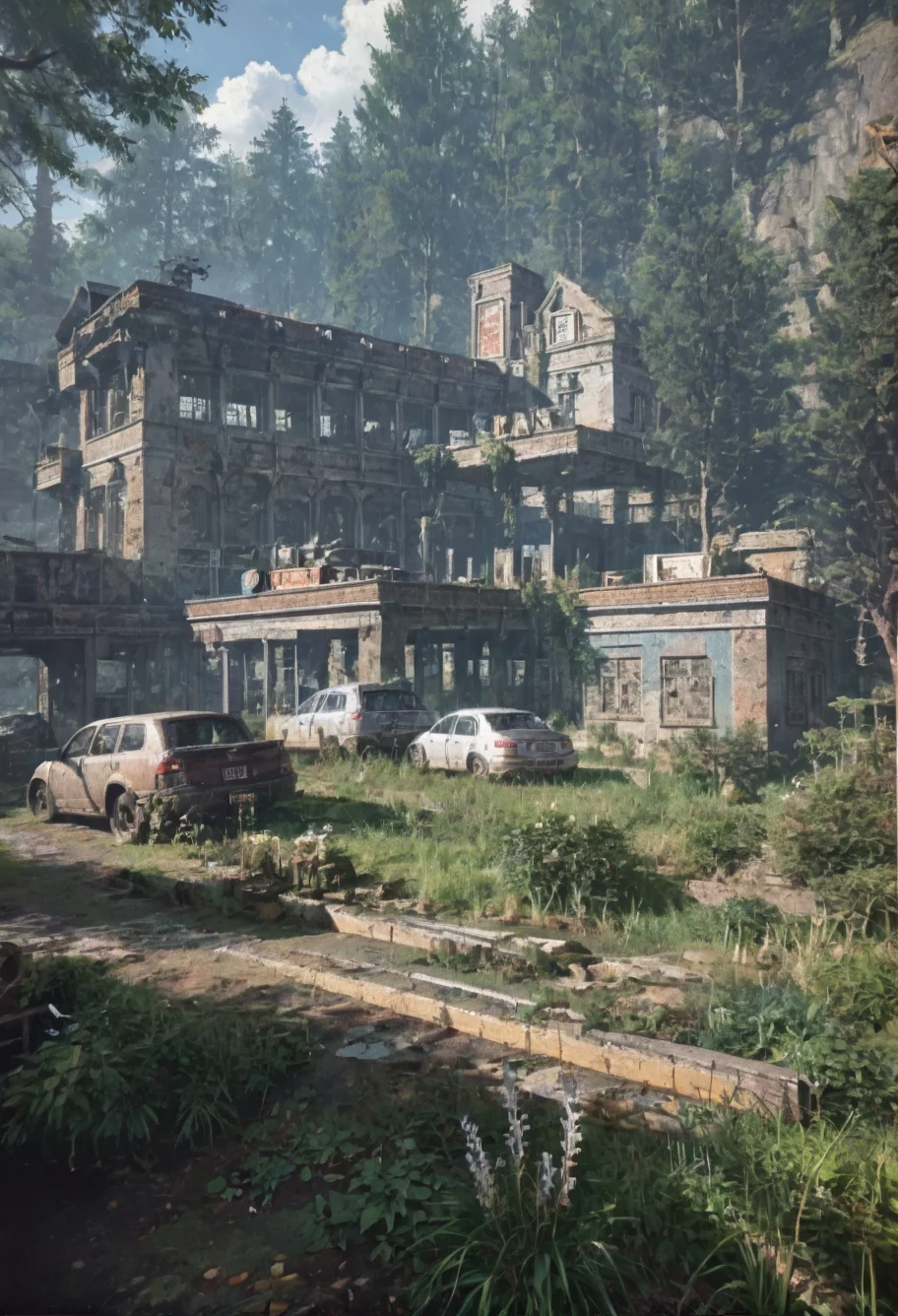 ,ruanyi0763,outdoors,tree,building,ruins,<lora:0763 post apocalypse_v1_pony:1>, score_9,score_8_up,score_7_up,,8k,1girl,solo,
