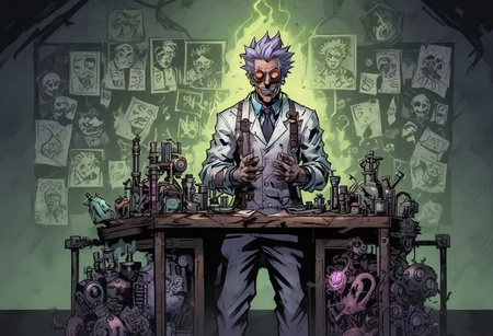 mad-mecharm, comicish artwork in dgst artstyle, Mad scientist, laboratory, (Manic laughter:1.7), crazy, Lightning, Experimenting, standing behind desk, (Purple:0.7), (green:0.7), (Glowing eyes:0.5), Whight hair,