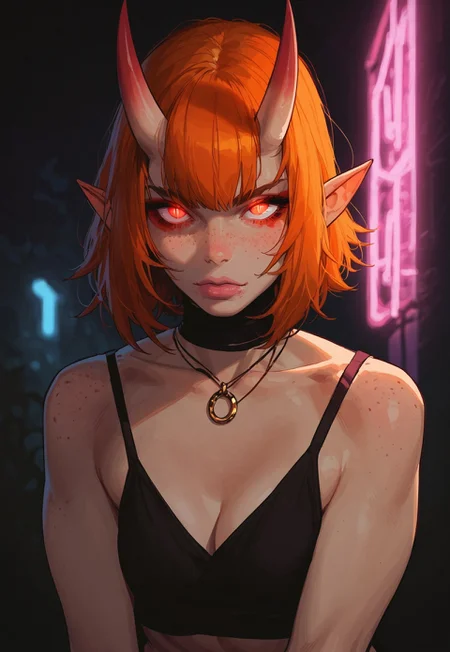 safe_pos, score_9, score_8_up, score_7_up, g0th1c, 43stl1ght1ng, rimlight, 1ly4, 1girl, monster girl, wide hips, sexy legs, small breasts, midriff, cleavage, toned, oni horns, ginger hair, bangs, short hair, red eyes, freckles, glowing eyes, slit pupils, pointy ears, looking at viewer, neon lights, glowing eyes, seductive,  jewelry, necklace, outdoors, depth of field