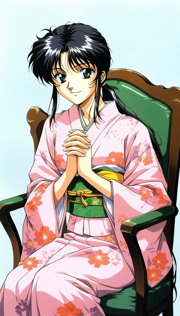 score_9, score_8_up, score_7_up, source_anime, rating_explicit, BREAK <lora:Tachibana_Yumi_XL:1> Tachibana_Yumi, black hair, long hair, green eyes, low ponytail, bangs, sidelocks, 1990s (style), 
japanese clothes, kimono, 1girl, sitting, smile, looking at viewer, sash, 1990s (style), retro artstyle, obi, solo, solo focus, chair, pink kimono, floral print, own hands together, black eyes, long sleeves