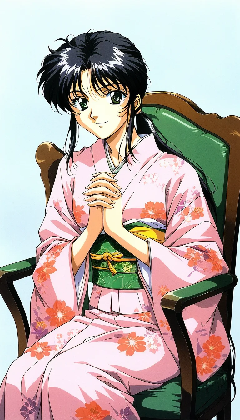 score_9, score_8_up, score_7_up, source_anime, rating_explicit, BREAK <lora:Tachibana_Yumi_XL:1> Tachibana_Yumi, black hair, long hair, green eyes, low ponytail, bangs, sidelocks, 1990s (style),
japanese clothes, kimono, 1girl, sitting, smile, looking at viewer, sash, 1990s (style), retro artstyle, obi, solo, solo focus, chair, pink kimono, floral print, own hands together, black eyes, long sleeves