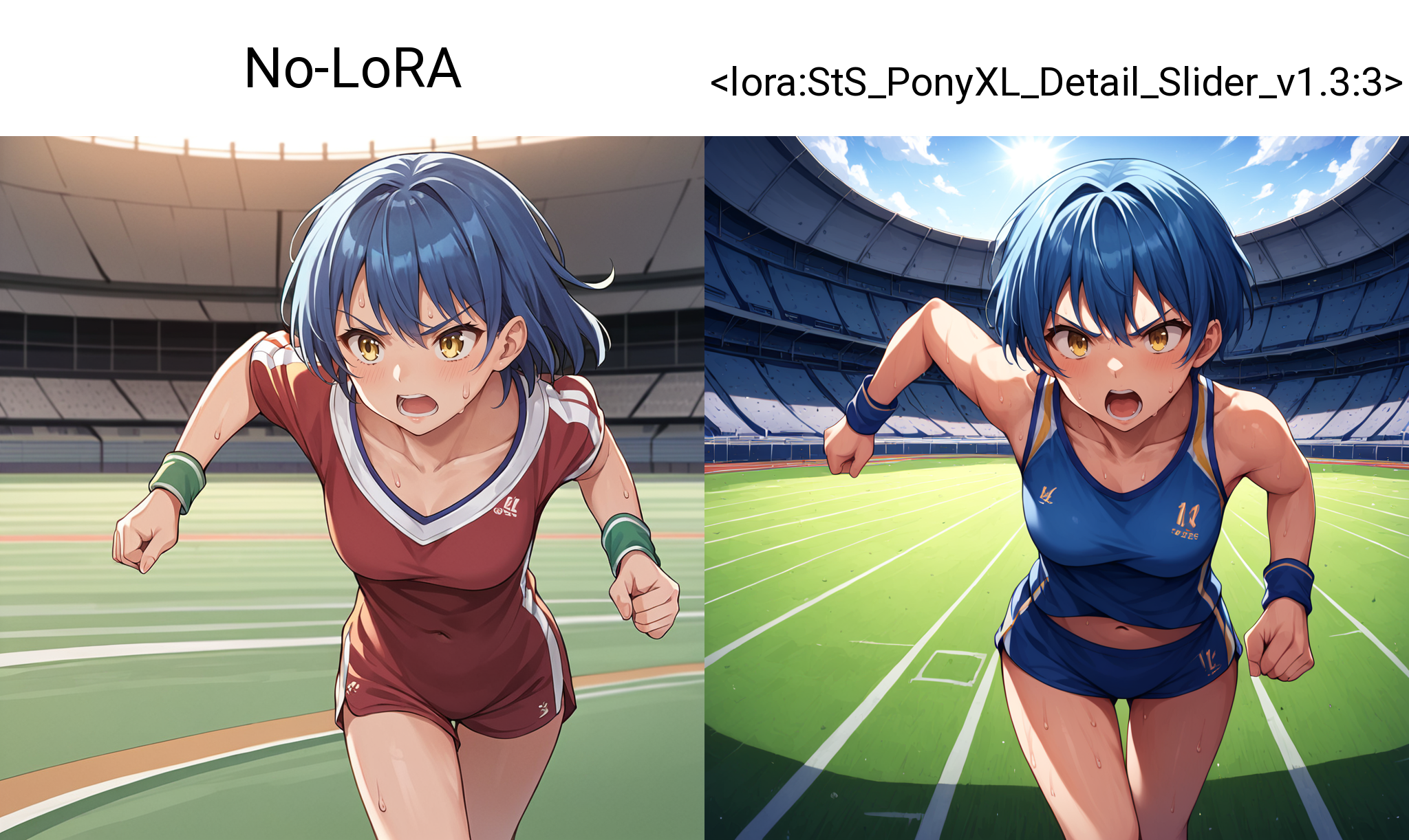score 9, score 8 up, score 7 up, source anime, 1girl, cowboy shot, track uniform, navel, collarbone, sweatband, (sweat), running, sprinting, track and field, (straight-on, leaning forward), [open mouth], determined, blue hair, yellow eyes, stadium, soft lighting, No-LoRA,